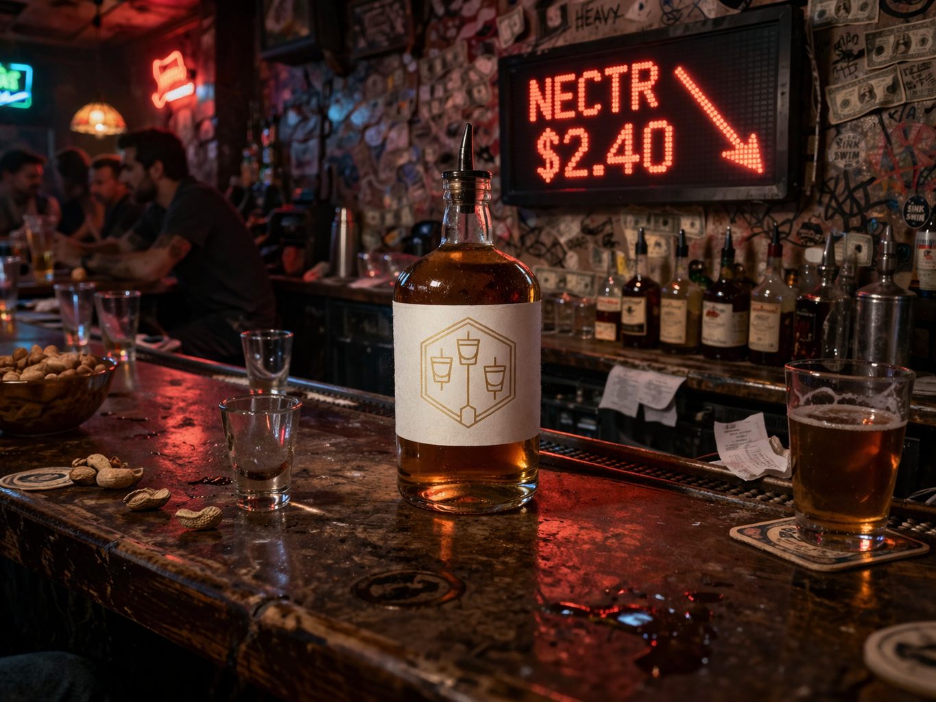 NECTR bottle on a bar counter with live pricing ticker